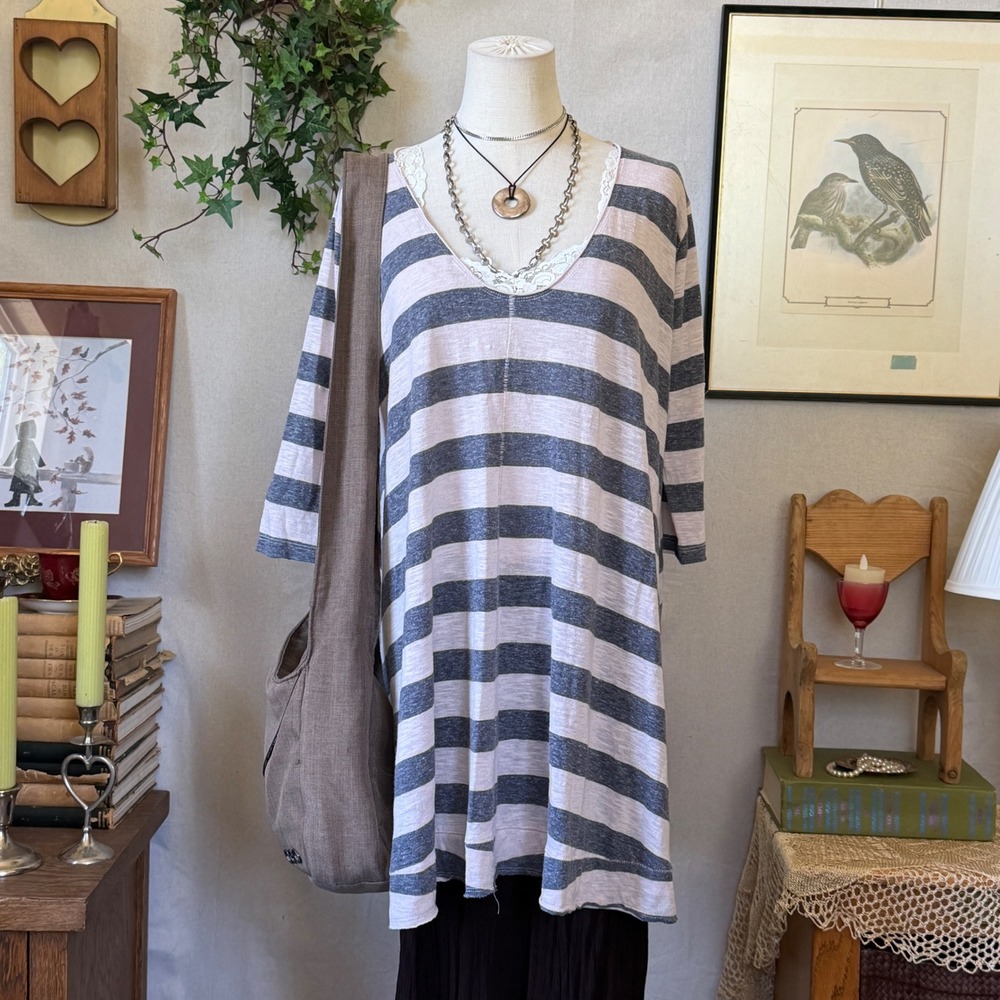 Grey Striped Oversized Tunic Top Boho Indie Sleaze Vintage M Indie Grunge